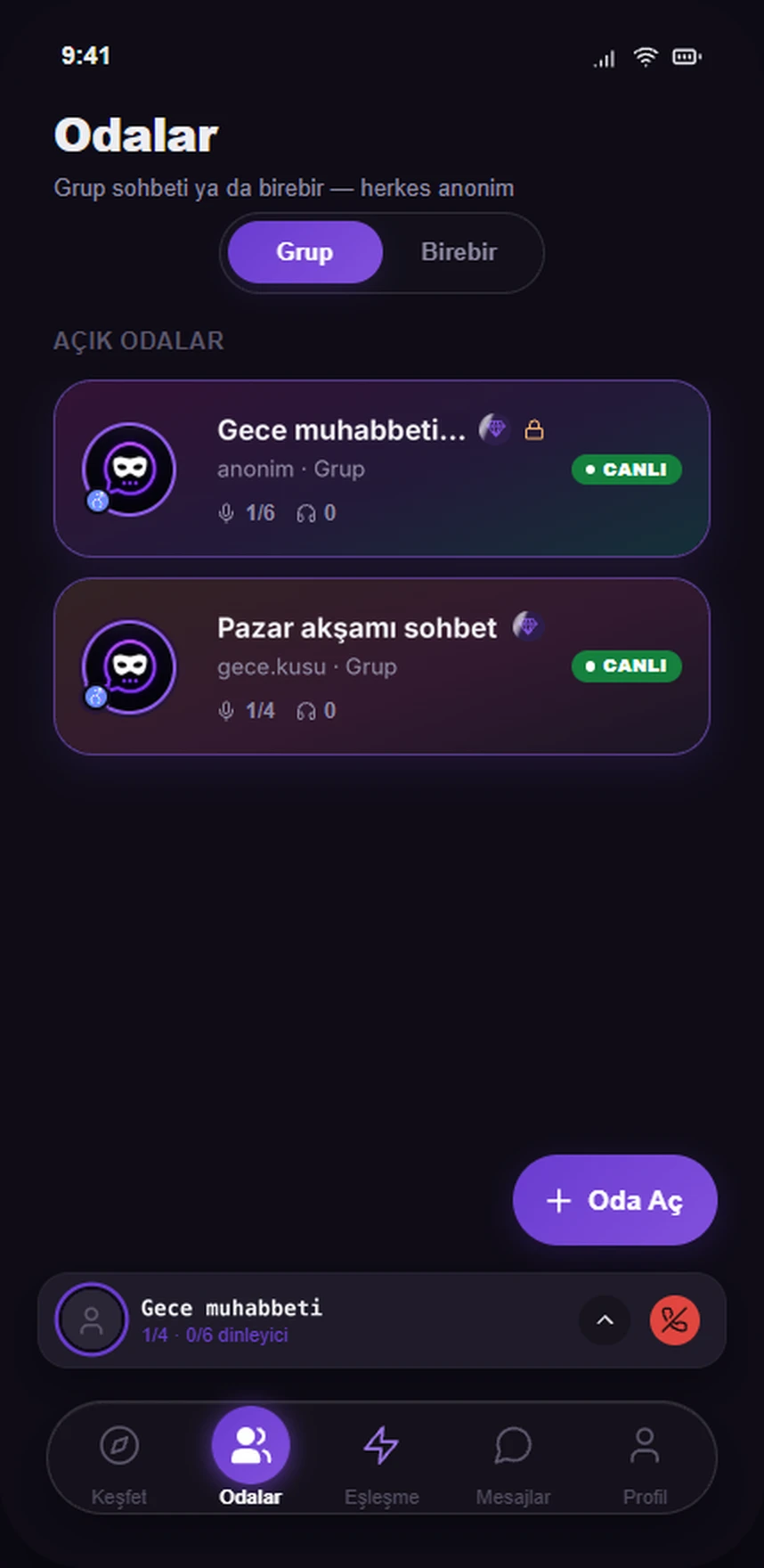 SafeX Grup odaları ekranı