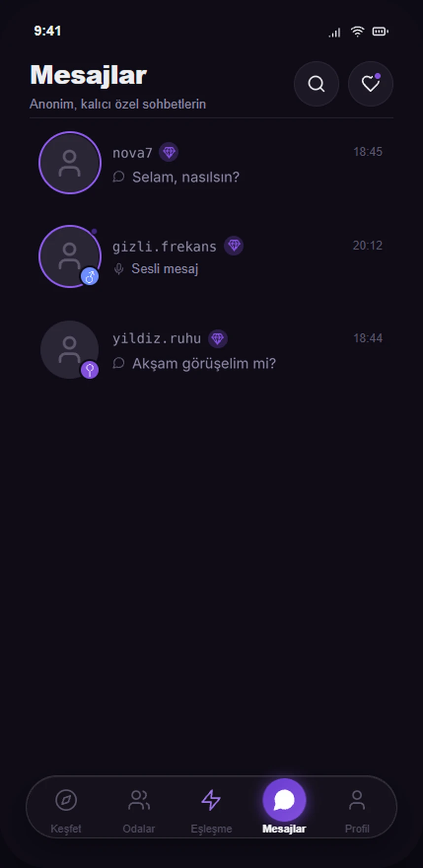 SafeX Mesajlar ekranı